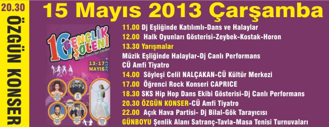 16. GENÇLİK ŞÖLENİ 15 MAYIS ÇARŞAMBA PROGRAMI