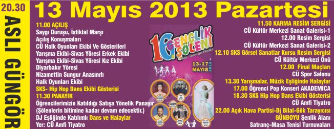 16. GENÇLİK ŞÖLENİ 13 MAYIS PAZARTESİ PROGRAMI